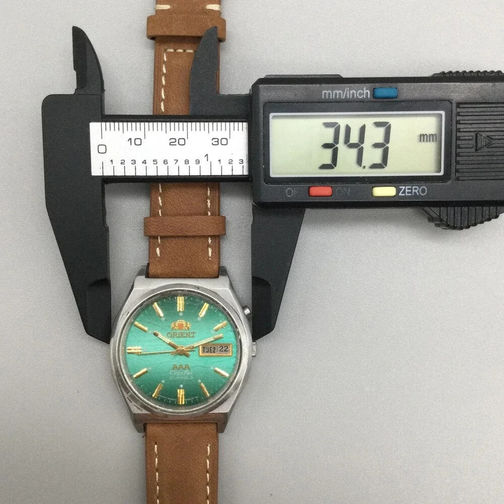 Vtg Orient AAA Crystal 21 Jewels Mens Watch 34mm Green Dial Automatic Leather
